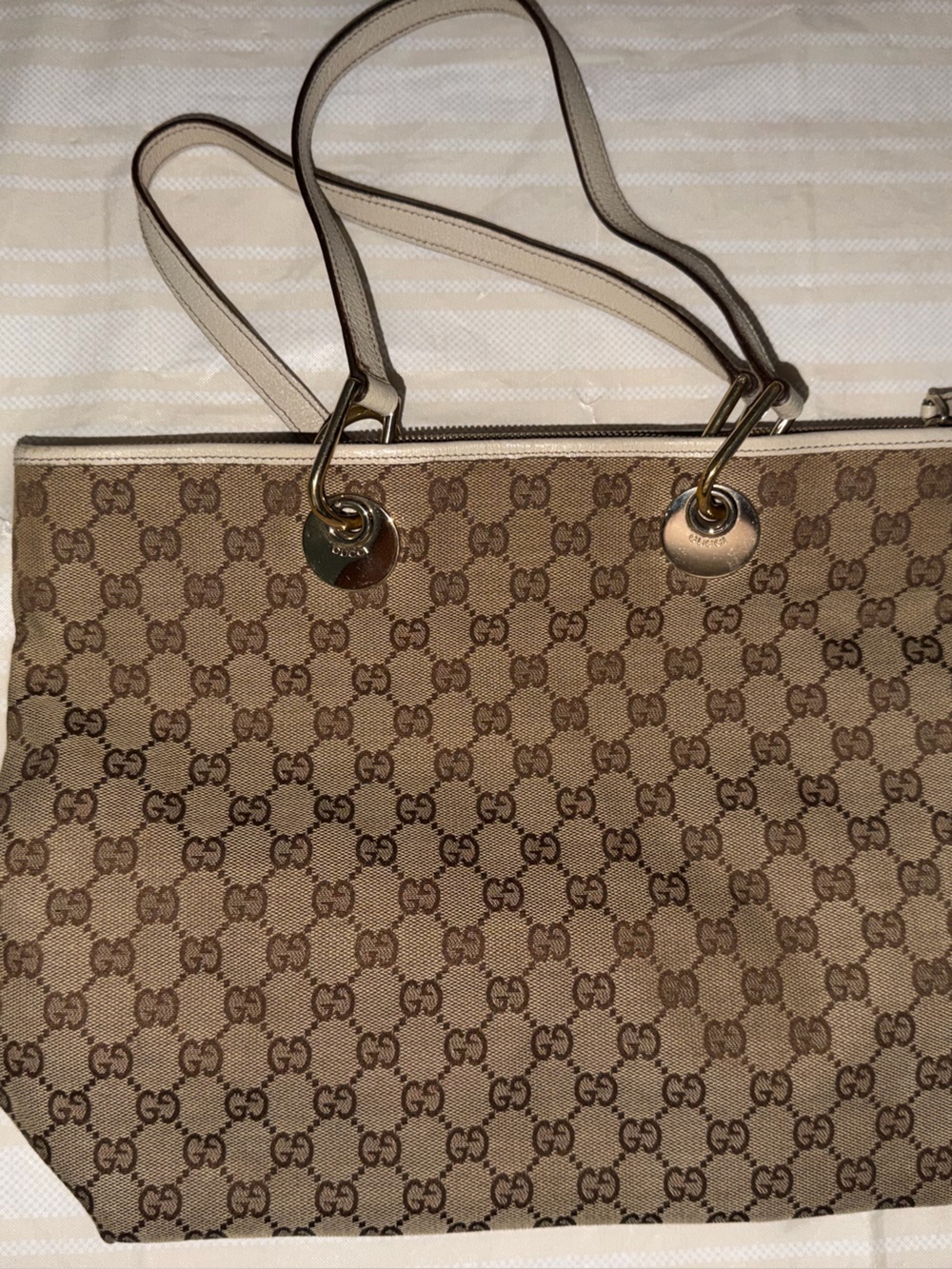 Gucci Brown Beige GG Canvas Tote with Leather Trim